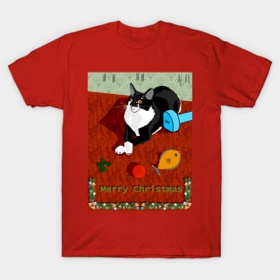 Cute Tuxedo cat Merry Catmas Christmas Weighting for Xmas  Copyright TeAnne T-Shirt